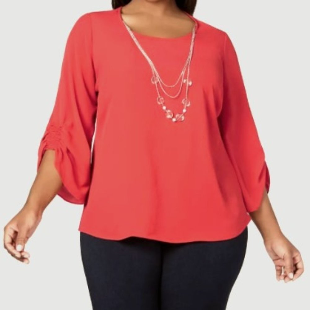 NYCollection Plus Size Smocked-Sleeve Necklace Top